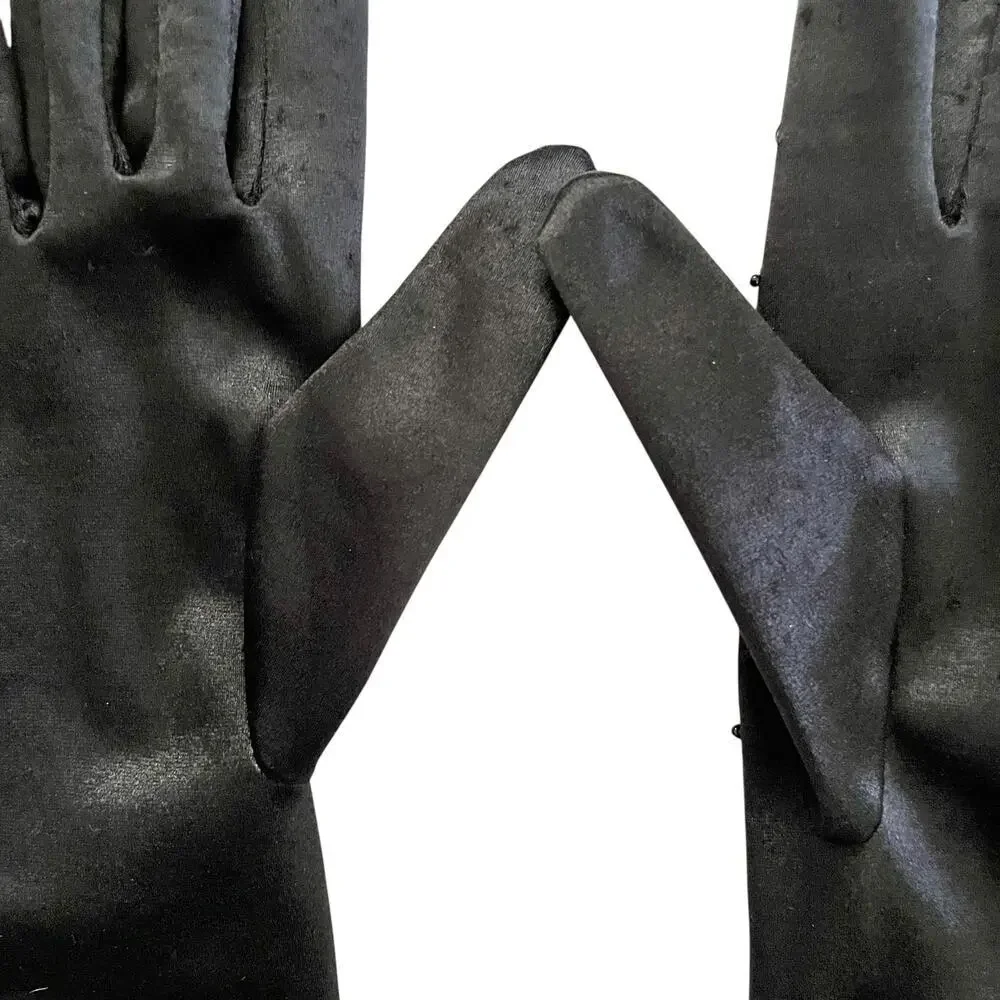 Vintage Beaded Black Satin Upper Forearm Long Formal Evening Gloves Size S/M